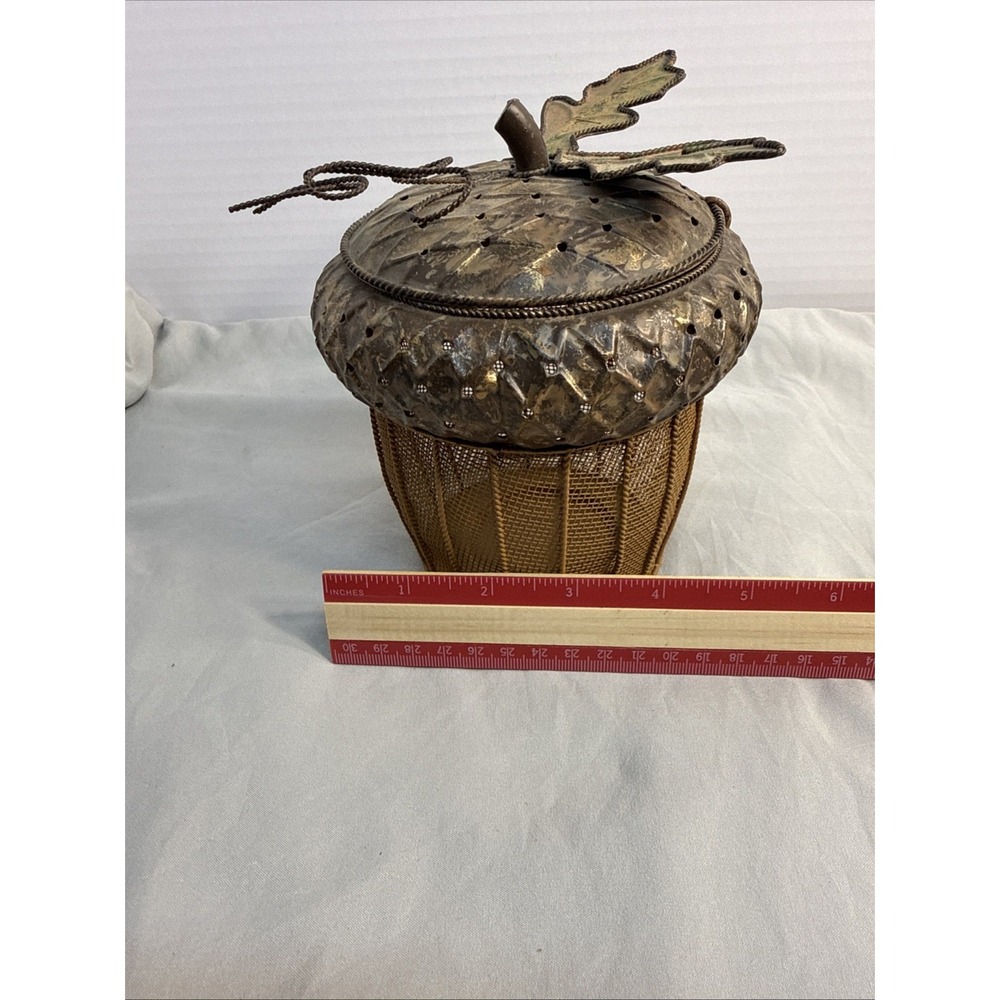 Vintage Metal Mesh Acorn Basket Lidded Decorative Trinket Jar Fall Harvest Decor - Picture 9 of 9